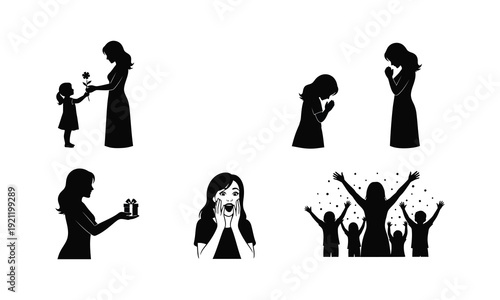 Girl giving flower to mom surprise reaction gift giving celebrating vector silhouette