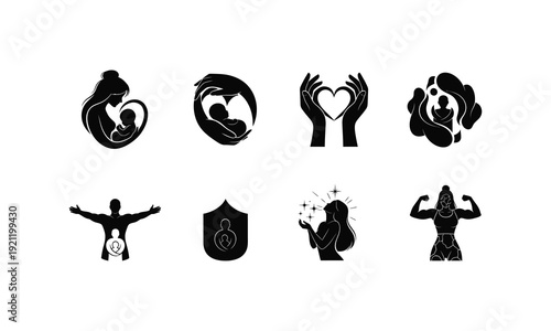 Mother care and strong woman vector silhouette illustration, line art, maternity protection