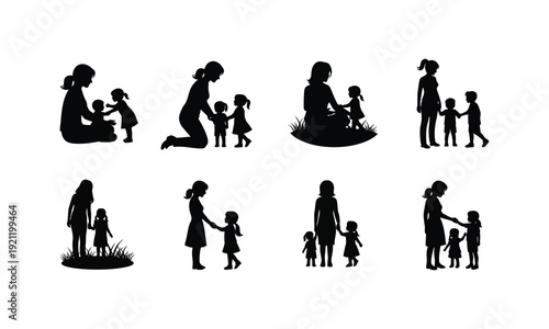 Mother daughter interaction playing outdoors hugs caring loving family vector silhouette