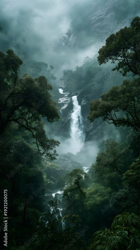 Fototapeta premium waterfall surrounded by lush rainforest mist rising magical mood