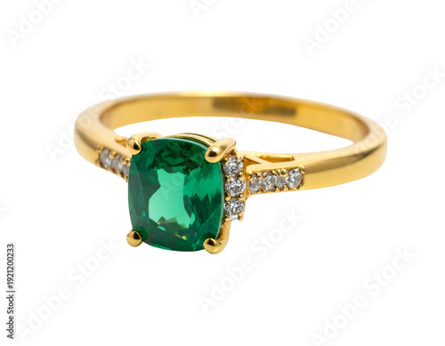 Elegant gold ring with a vibrant green emerald gemstone.