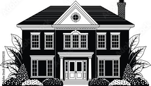 Classic colonial style house facade silhouette with symmetrical windows, front porch columns and landscaped garden isolated on white background architectural vector illustration