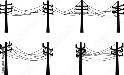 Utility poles vector illustration, electrical transmission infrastructure comparison, 