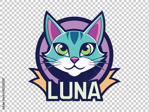 Cartoon Cat Mascot 'Luna' with Green Eyes and Purple Accents, Modern Logo Design