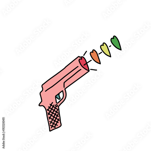 Love gun pistol logo icon sign. Decorative scrapbooking element Doodle cartoon design Romantic cute style. Fashion print for clothes greeting invitation card banner cover poster craft sticker flyer ad