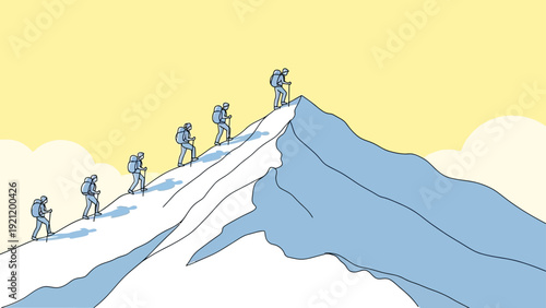 hikers climbing a snowy mountain peak at sunrise illustrating teamwork progress and achieving goals.