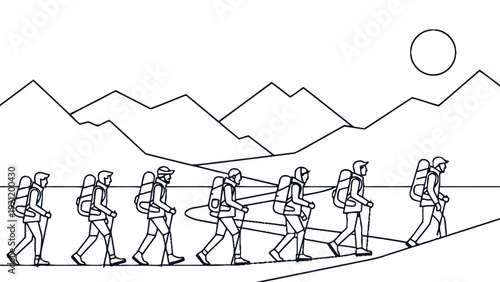 hikers with backpacks and poles ascending a winding mountain trail showing outdoor adventure journey teamwork