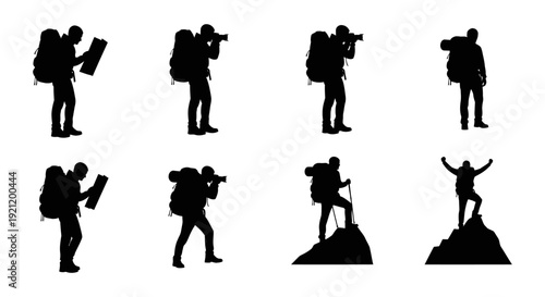 hikers and outdoor enthusiasts with backpacks navigating capturing photos trekking and celebrating mountain adventures.
