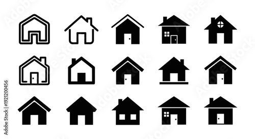 house icons diverse minimalist home symbols representing residences and real estate concepts in black and white for modern digital ui.