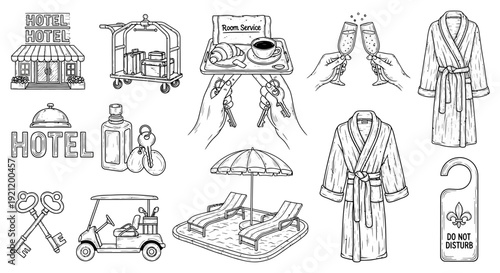 hotel services and hospitality line art illustrations depicting luxury travel guest experience and hotel amenities for web design.
