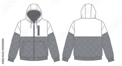 hooded quilted jacket flat fashion sketch color-block design full zip ribbed trims essential for apparel tech packs.