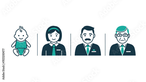 human life cycle icons baby young woman middle-aged man and senior man representing demographic generations and life stages.