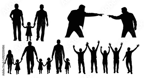 human figures silhouette collection depicting diverse relationships from family bonds and togetherness to conflict and celebration.