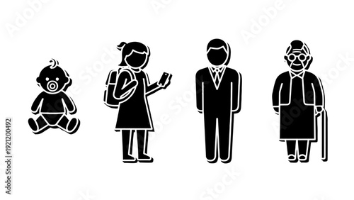 human life cycle icons depicting different ages and generations from baby to elderly illustrating human development.