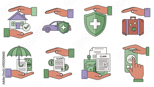 insurance service icons home auto health travel claims and digital policy management financial protection.