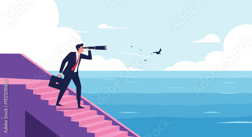 Businessman stands on a pink staircase and looks through a long telescope over the ocean toward seagulls flying in the distance.