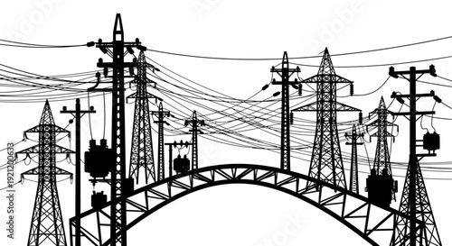 intricate silhouette of electricity pylons power lines and transformers forming a modern power grid illustrating energy infrastructure.