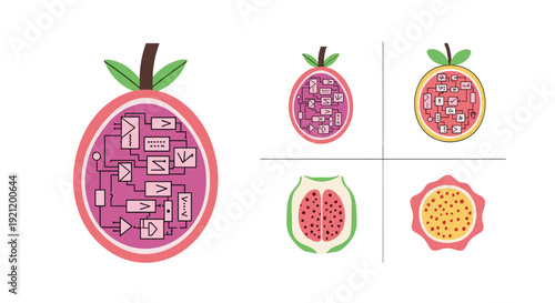 A vibrant collection of stylized passion fruit and guava cross-sections, showcasing intricate internal patterns and seeds, perfect for healthy eating illustrations.