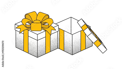 isometric illustration of two gift boxes one closed one open with yellow ribbons representing surprise rewards marketing.
