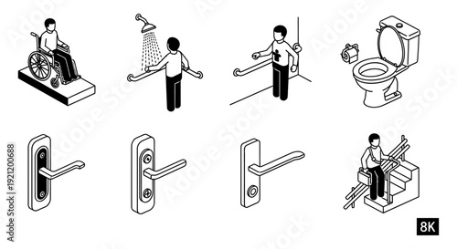 isometric line art icons depicting accessibility features wheelchairs grab bars lever handles and stairlifts for universal design.