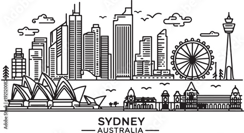 Australia Skyline Illustration Iconic Landmarks Line Art Cityscape