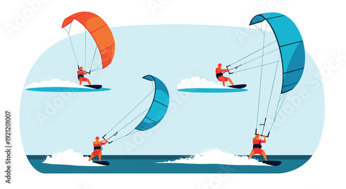 Set of illustrations showing a man kitesurfing on the ocean, performing various moves with different colored kites on the water.