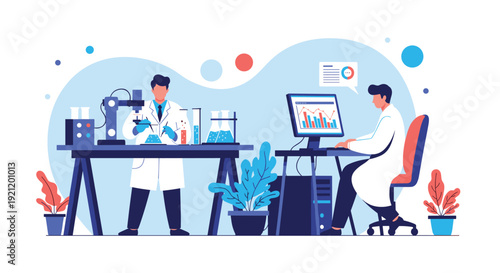 Two male scientists working in a modern laboratory, one conducting an experiment while the other analyzes data on a computer.