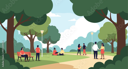 People relaxing and socializing in a beautiful green city park on a sunny day, with couples walking and friends sitting.