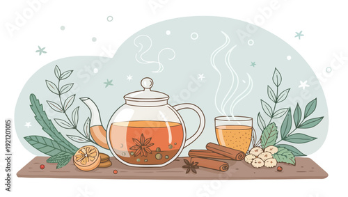 Cozy tea time setup with steaming teapot and cup herbs spices on wooden board relaxing ambiance
