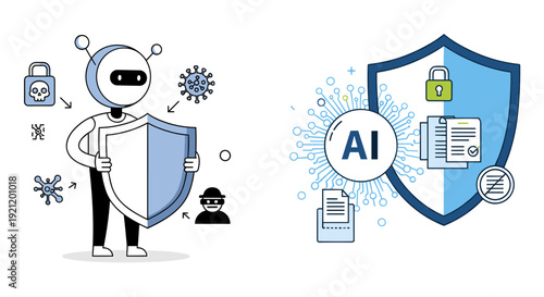 Illustrations depicting artificial intelligence and cybersecurity concepts, showcasing data protection and digital defense mechanisms.