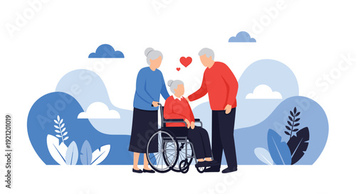 Two senior people caring for an elderly woman in a wheelchair, illustrating love, support, and community in retirement.