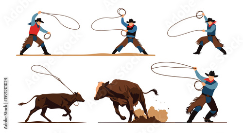 Set of vector illustrations showing cowboys in traditional outfits using a lasso, including scenes of roping cattle and bulls.
