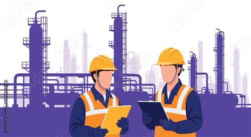 Two industrial engineers in hard hats and safety vests discussing plans with a large chemical plant or refinery in the background.