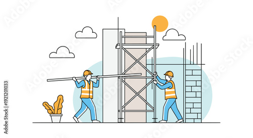 Line art illustration of two construction workers in safety gear building a structure with scaffolding under a sunny sky.