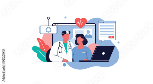 Doctor and nurse characters with a laptop and medical icons, representing online medical consultation, telemedicine, and healthcare.