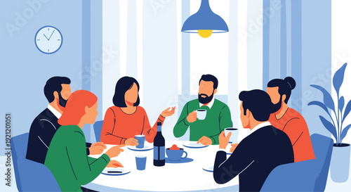 Group of friends or colleagues sitting around a dining table, having a pleasant conversation while enjoying a meal and coffee.
