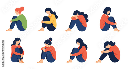 Set of illustrations showing sad, depressed, or lonely women sitting on the floor with their arms wrapped around their knees.