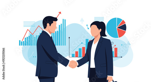 Businessman and businesswoman shaking hands in front of financial charts and graphs, representing a successful business partnership.
