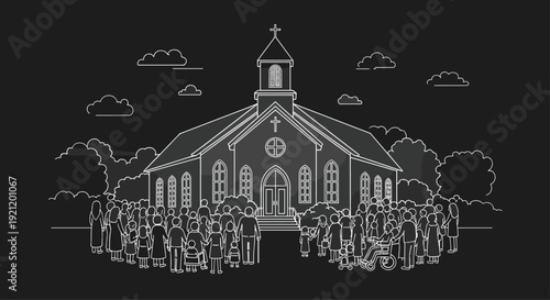 A large congregation of people gathered outside a traditional church building, illustrated in a white line art on black style.