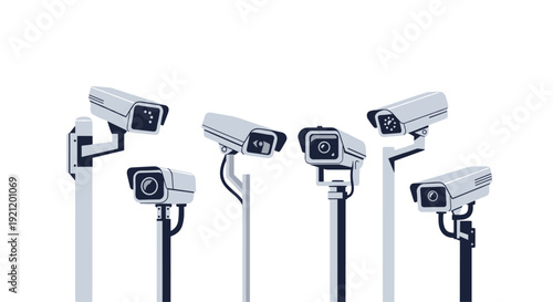 Collection of various CCTV security cameras mounted on poles, illustrating surveillance, safety, and modern monitoring technology.