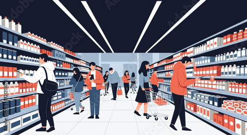 Busy supermarket scene with many customers shopping in the aisles, choosing products from shelves, and pushing shopping carts.