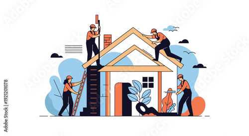 A team of construction workers collaborating on building a new house, working on the roof, walls, and chimney.