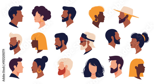 A diverse collection of men and women profile portraits, showcasing various ethnicities, hairstyles, and modern accessories.