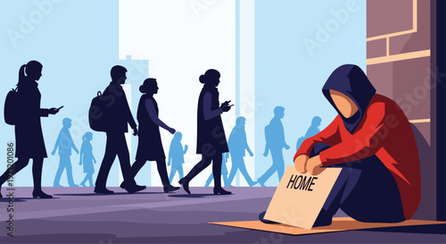 A lonely homeless person sits on a city sidewalk with a sign while indifferent people walk past in the background.