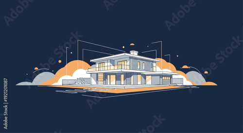 Modern architectural illustration of a stylish two-story house, presented with abstract lines and a dark background.