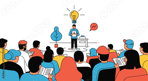 A speaker with a bright idea lightbulb icon above his head presents to an attentive audience in a conference or educational workshop.