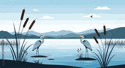 Two great blue herons stand on opposite sides of a calm lake surrounded by reeds, with distant mountains under a cloudy sky.