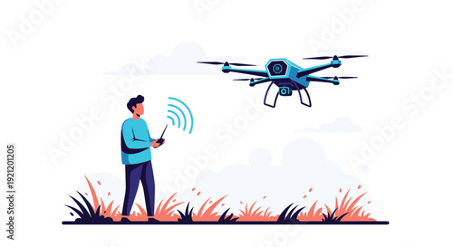 A young man stands in a field operating a modern quadcopter drone with a remote control, with radio waves indicating connection.