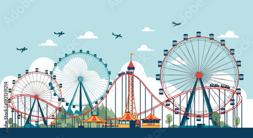 A vibrant amusement park scene featuring a large roller coaster weaving through three ferris wheels, with airplanes flying above.