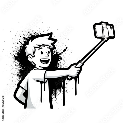 Boy taking selfie with stick, black ink splash background